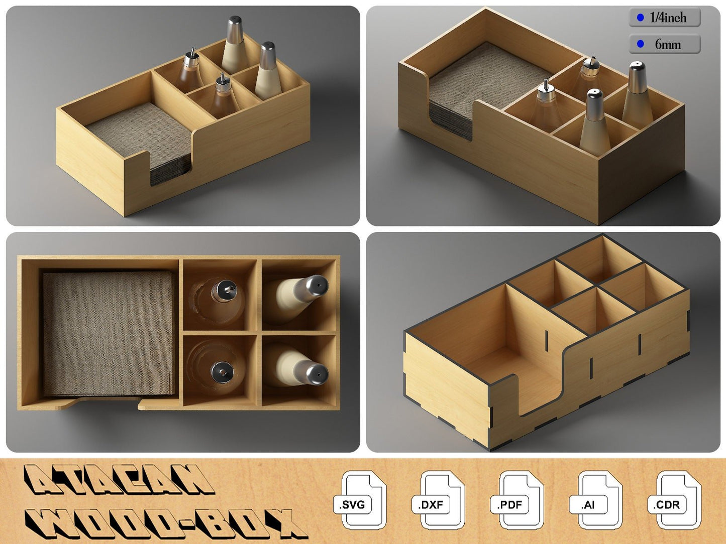 Spice Rack and Table Napkin Holder / Wooden Kitchen Organizer and Bar Tidy / Laser Cut Box Files SVG, DXF, CDR 294