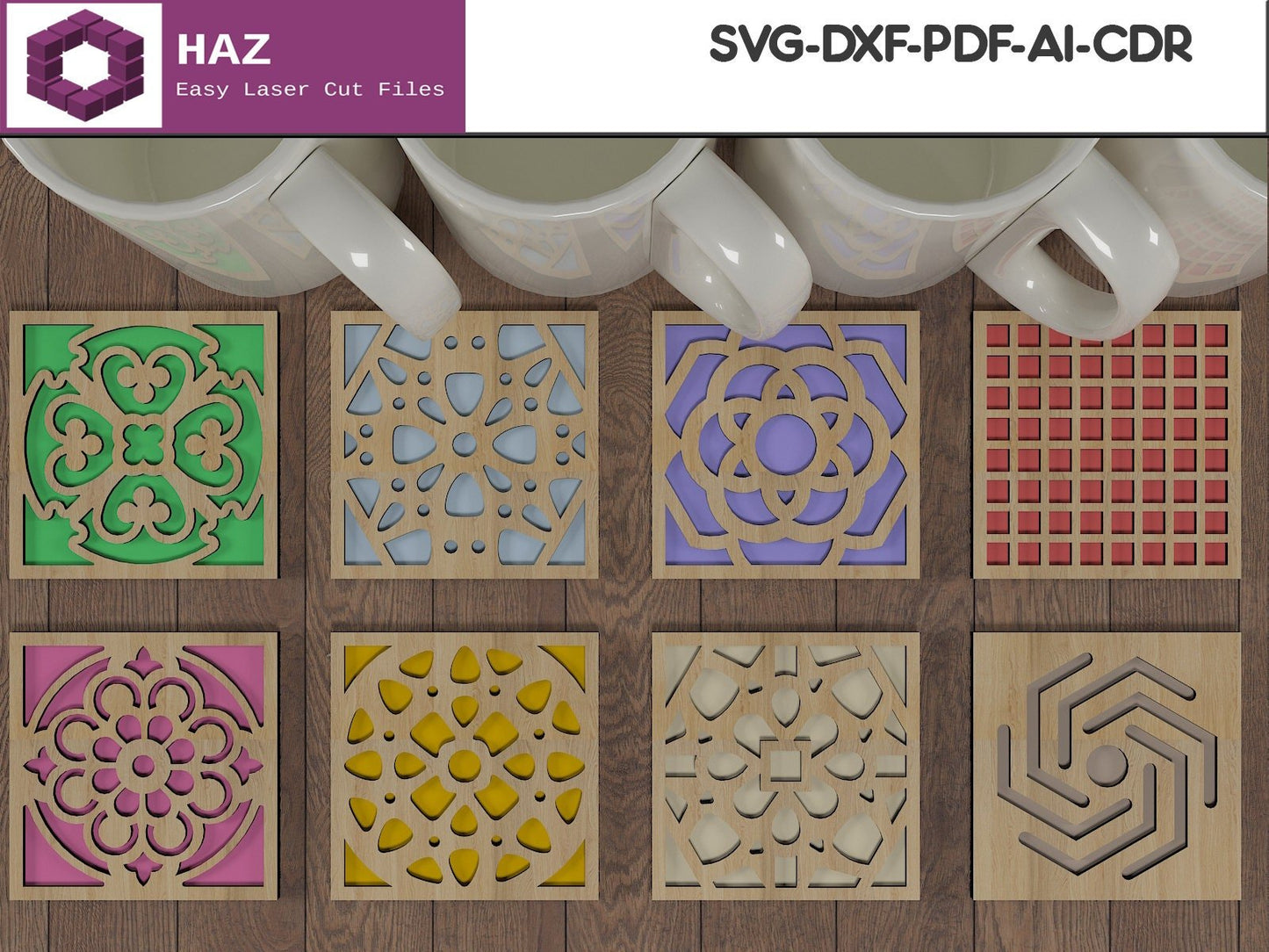 Square Coaster Templates / Geometric Vector Digital / Laser Cut Coasters SVG DXF CDR Ai 056