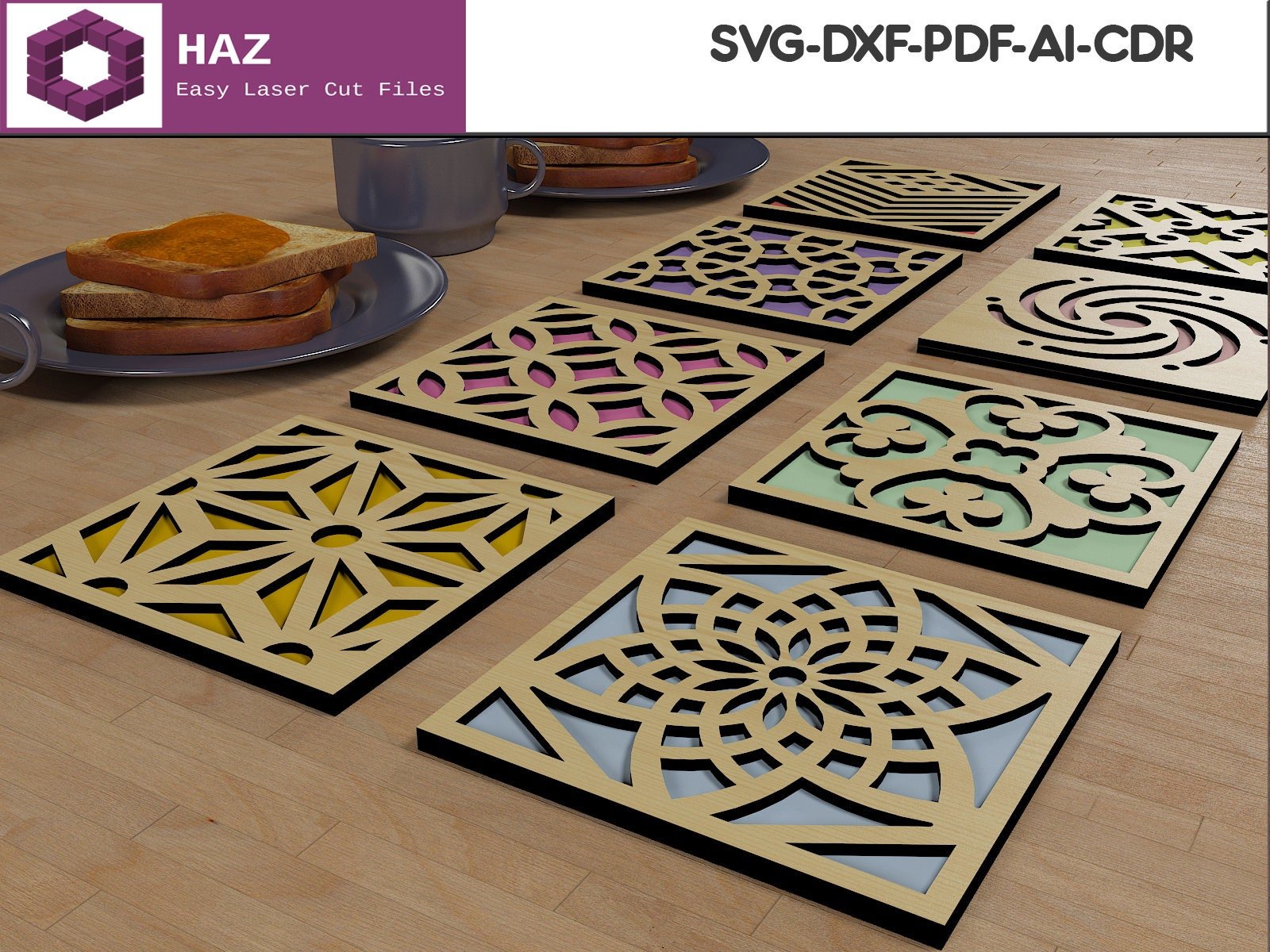 Square Geometric Layered Coasters / Wood Drink Coaster Designs SVG DXF CDR Ai 052