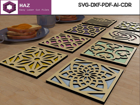 Square Geometric Layered Coasters / Wood Drink Coaster Designs SVG DXF CDR Ai 052