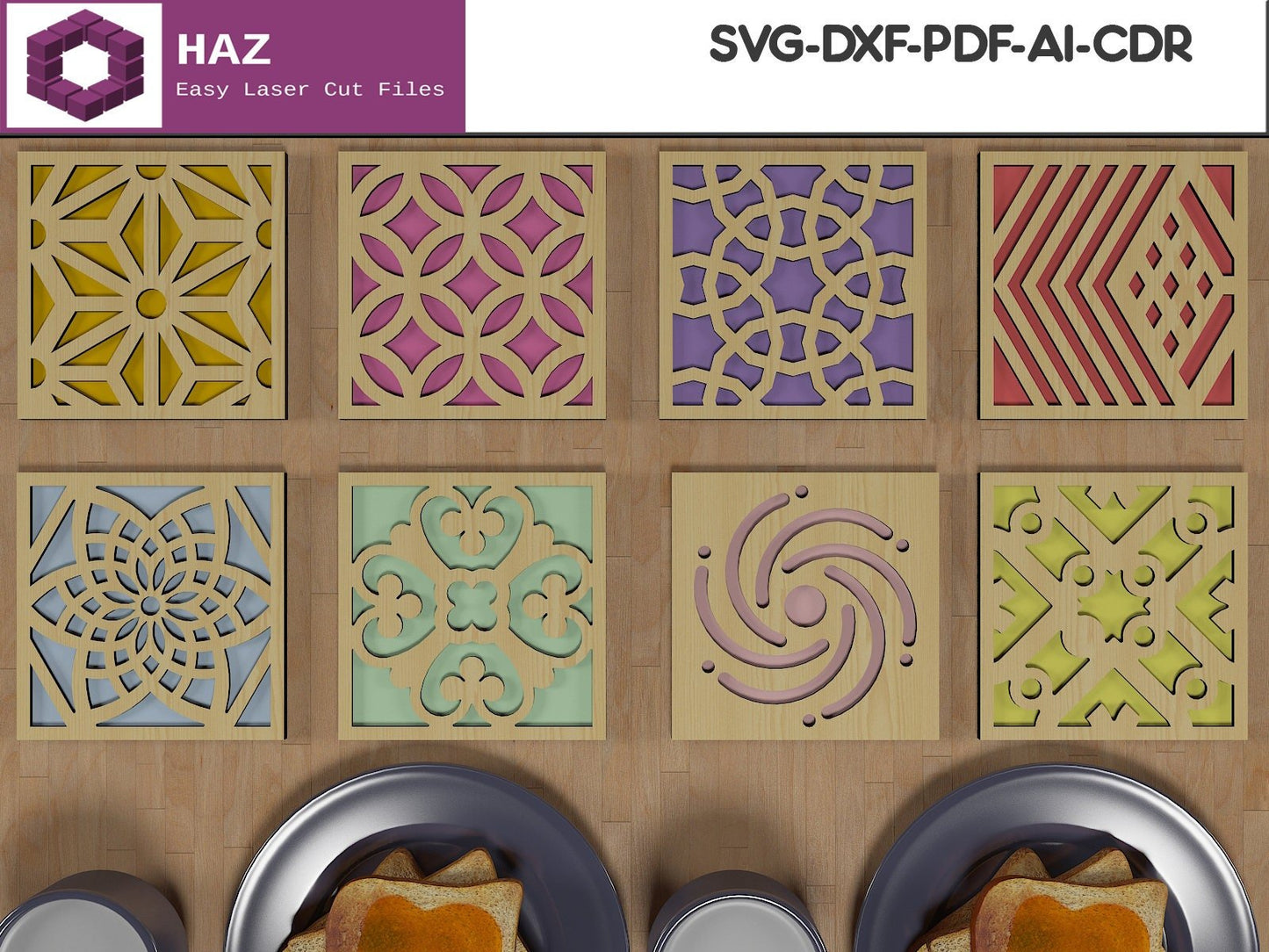 Square Geometric Layered Coasters / Wood Drink Coaster Designs SVG DXF CDR Ai 052