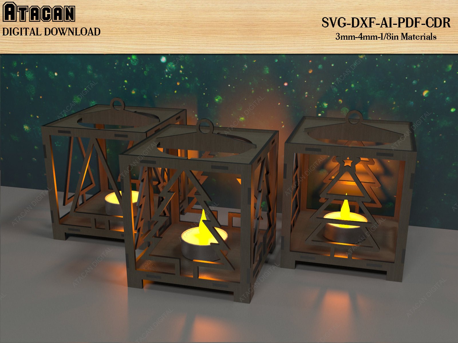 Square Tree Christmas Candle Holder / Tea Light Holders / Noel Tree Night Lamps / Wood Lantern Decor / Laser cut Download SVG DXF Ai CDR 521