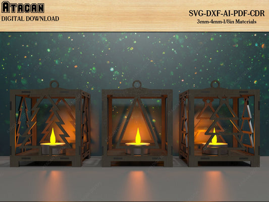 Square Tree Christmas Candle Holder / Tea Light Holders / Noel Tree Night Lamps / Wood Lantern Decor / Laser cut Download SVG DXF Ai CDR 521