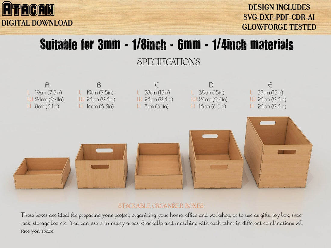 Stackable Boxes Laser Stackable Storage Boxes, Laser cut Files SVG DXF, Glowforge laser cut ...
