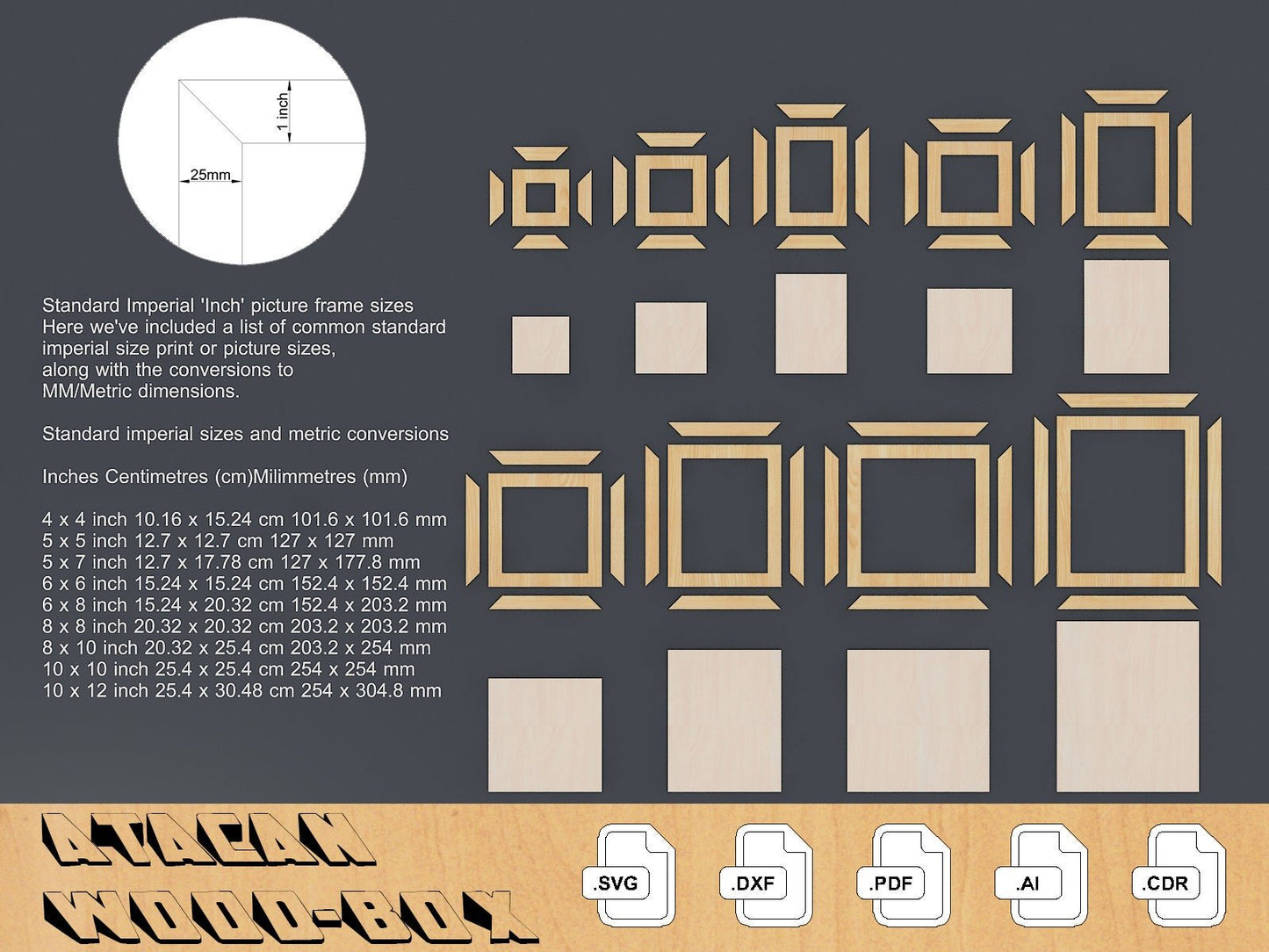 Standart Imperial 'Inch' picture frame size, Laser Cut File, Photo frame cut files, SVG/CDR/DXF/Ai 042