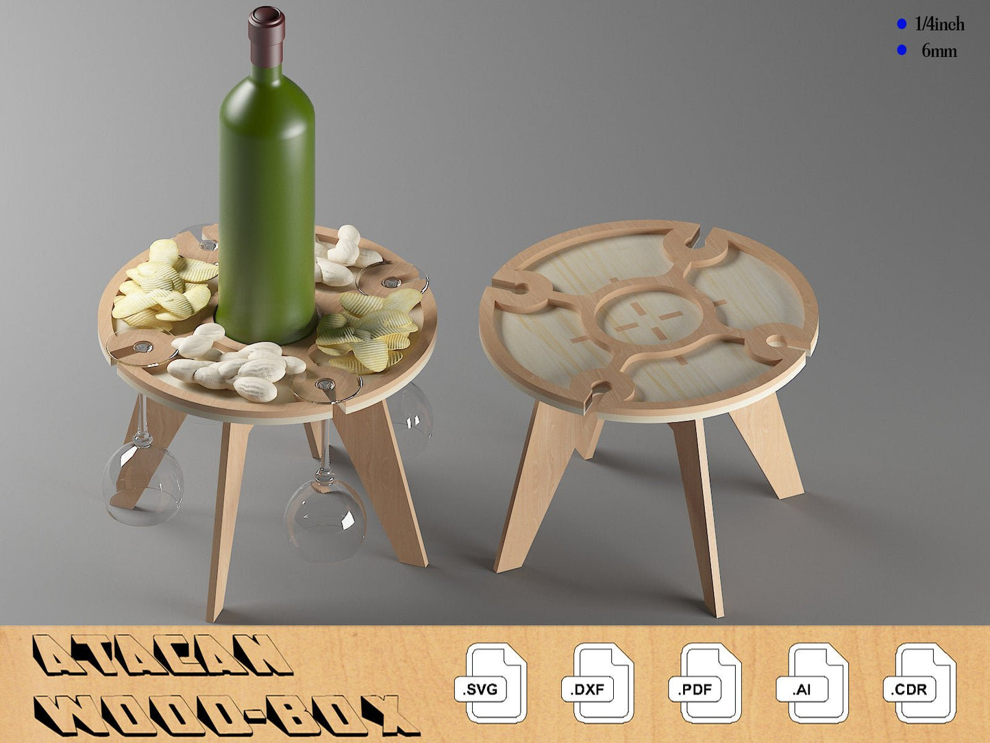 Table with Glass Holder / Snack Serving Tray Wine Table / Wooden Table for beer nuts 313