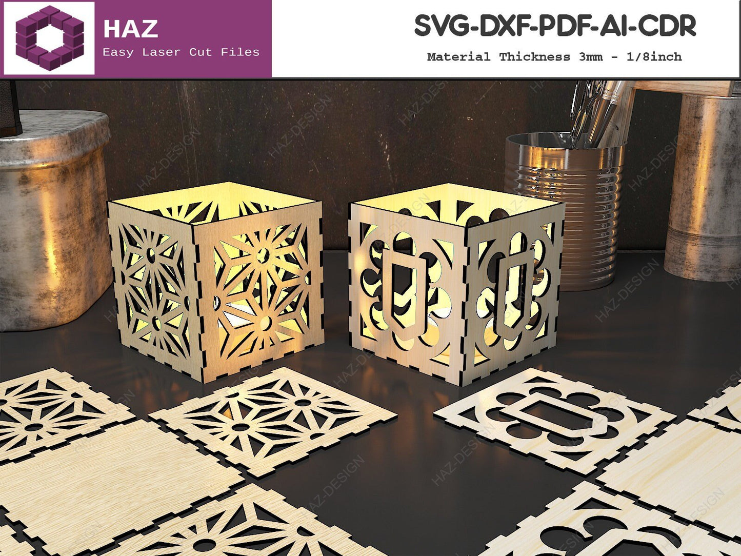 Tealight Lanterns / Wood Candle Holder / Tealight Patterned Boxes / Candle Box Templates SVG DXF CDR Ai 059