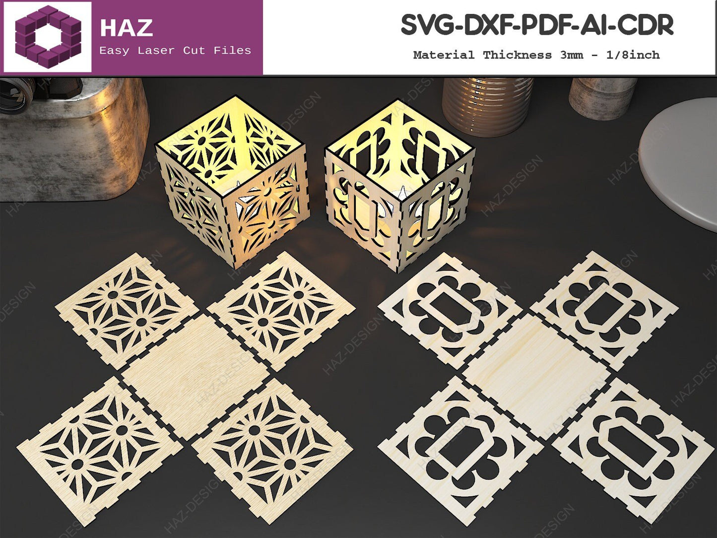 Tealight Lanterns / Wood Candle Holder / Tealight Patterned Boxes / Candle Box Templates SVG DXF CDR Ai 059