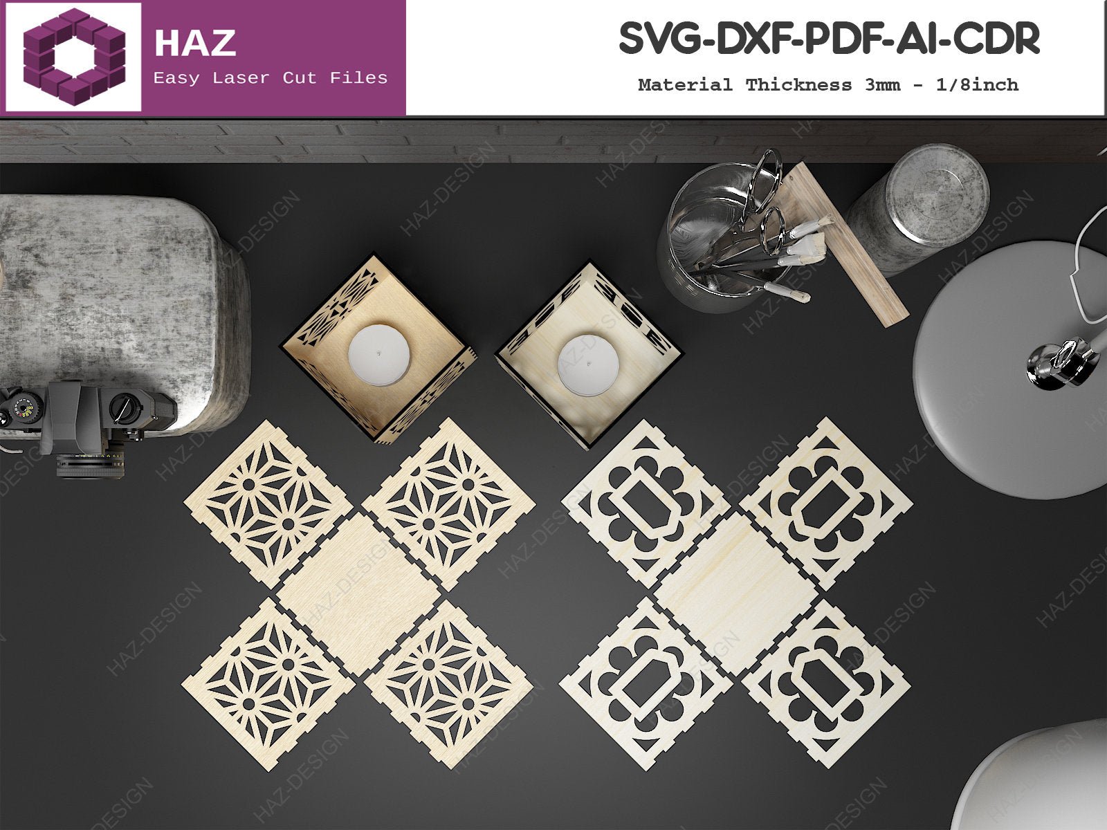 Tealight Lanterns / Wood Candle Holder / Tealight Patterned Boxes / Candle Box Templates SVG DXF CDR Ai 059