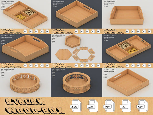 Tray Laser cut Files / Different Thickness and Sizes Tray SVG files / Trays Bundle 220