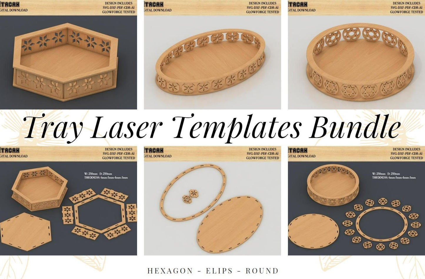 Tray Laser cut files Set / Round, Hexagon, Elipse Tray SVG file / Wooden Tray laser cut files / Glowforge projects 442