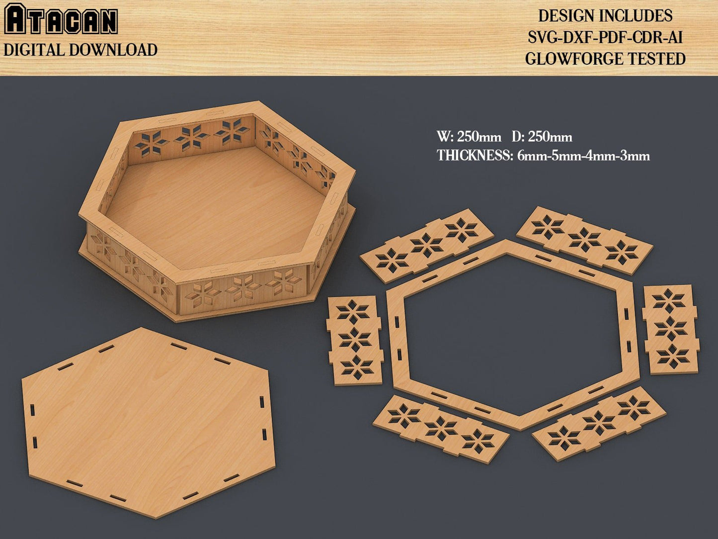 Tray Laser cut files Set / Round, Hexagon, Elipse Tray SVG file / Wooden Tray laser cut files / Glowforge projects 442