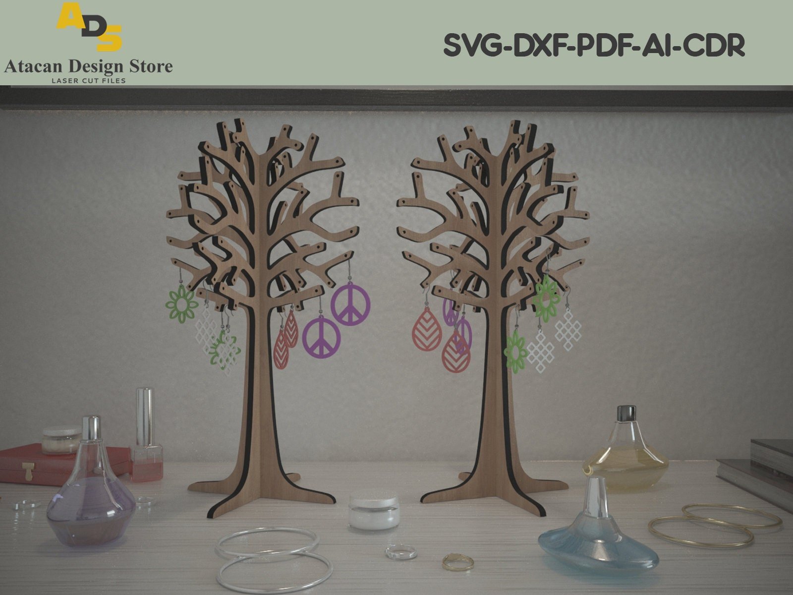 Tree Jewellery Stand / Earing Holder / Laser cut jewelry display / Glowforge SVG files / Table Organiser ADS177