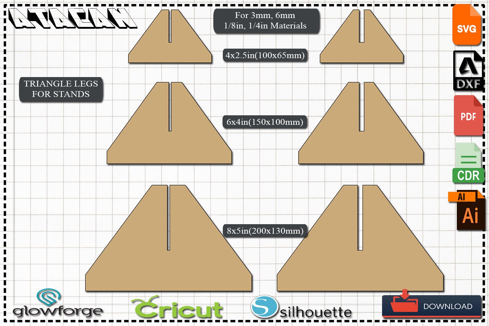 Triangle Legs for Stands / Leg for Frames / Glowforge Wood Laser cut files / SVG DXF CDR Ai Pdf 384