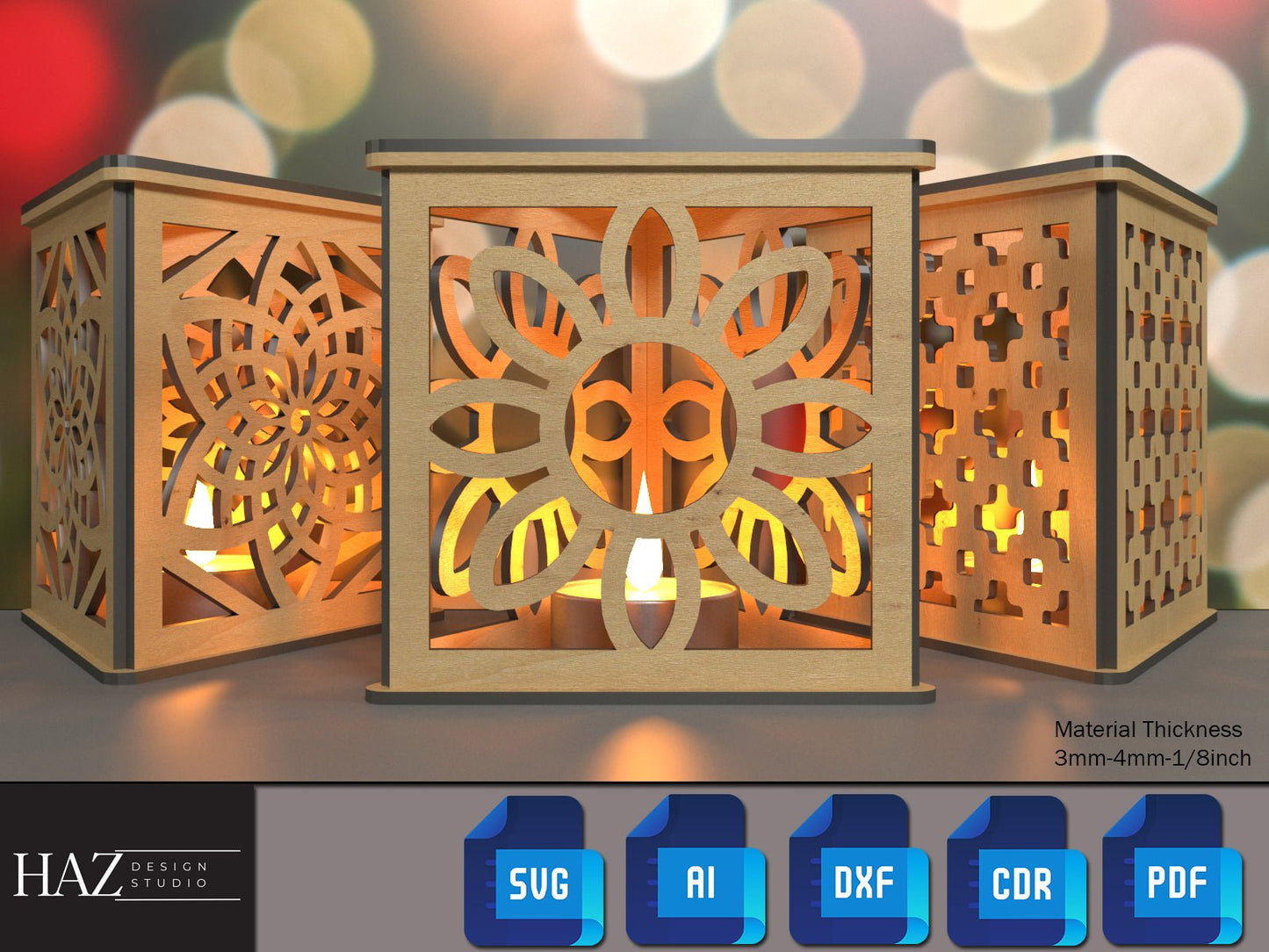 Triangle Table Lamps / Floor Light Boxes / Glowforge Candle Holders / Tealight Christmas Decor / Lantern Noel Gift SVG DXF CDR Ai PDf 175