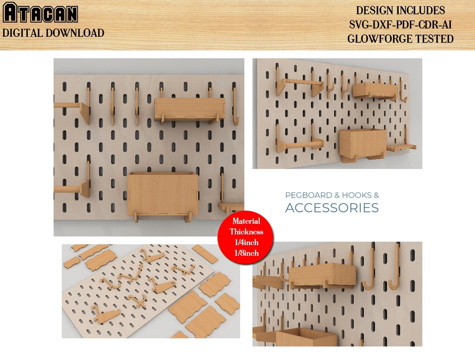 Wall Organiser Pegboard and Accessories Laser cut SVG files - Peg board Hooks, Complete Set