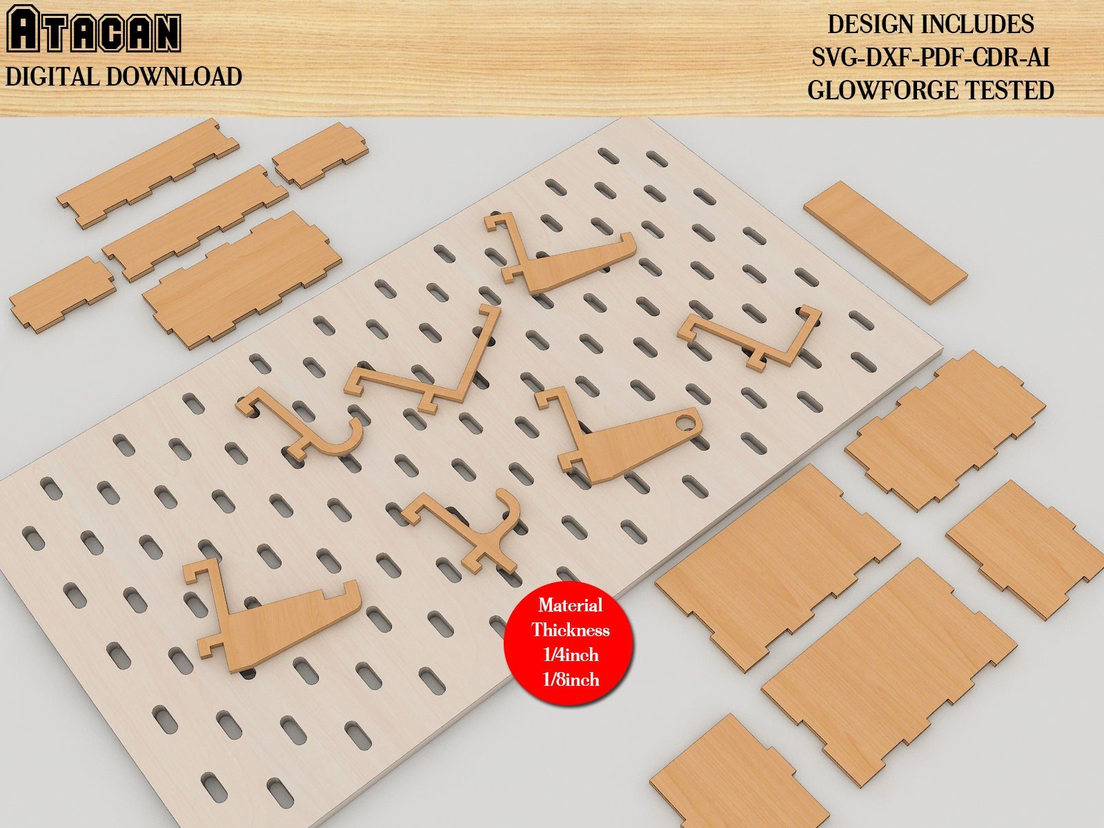 Wall Organiser Pegboard and Accessories Laser cut SVG files - Peg board Hooks, Complete Set