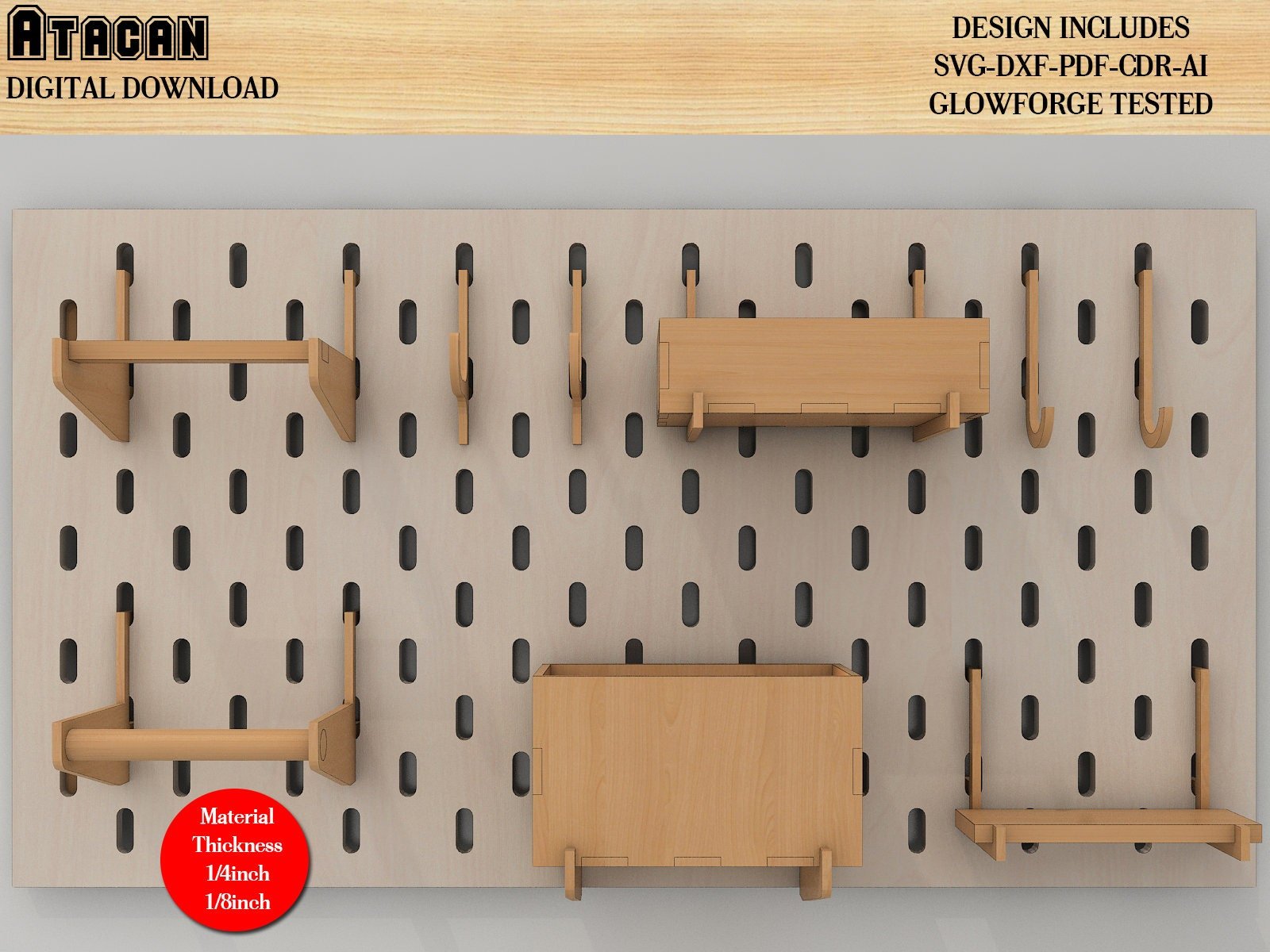 Wall Organiser Pegboard and Accessories Laser cut SVG files - Peg board Hooks, Complete Set