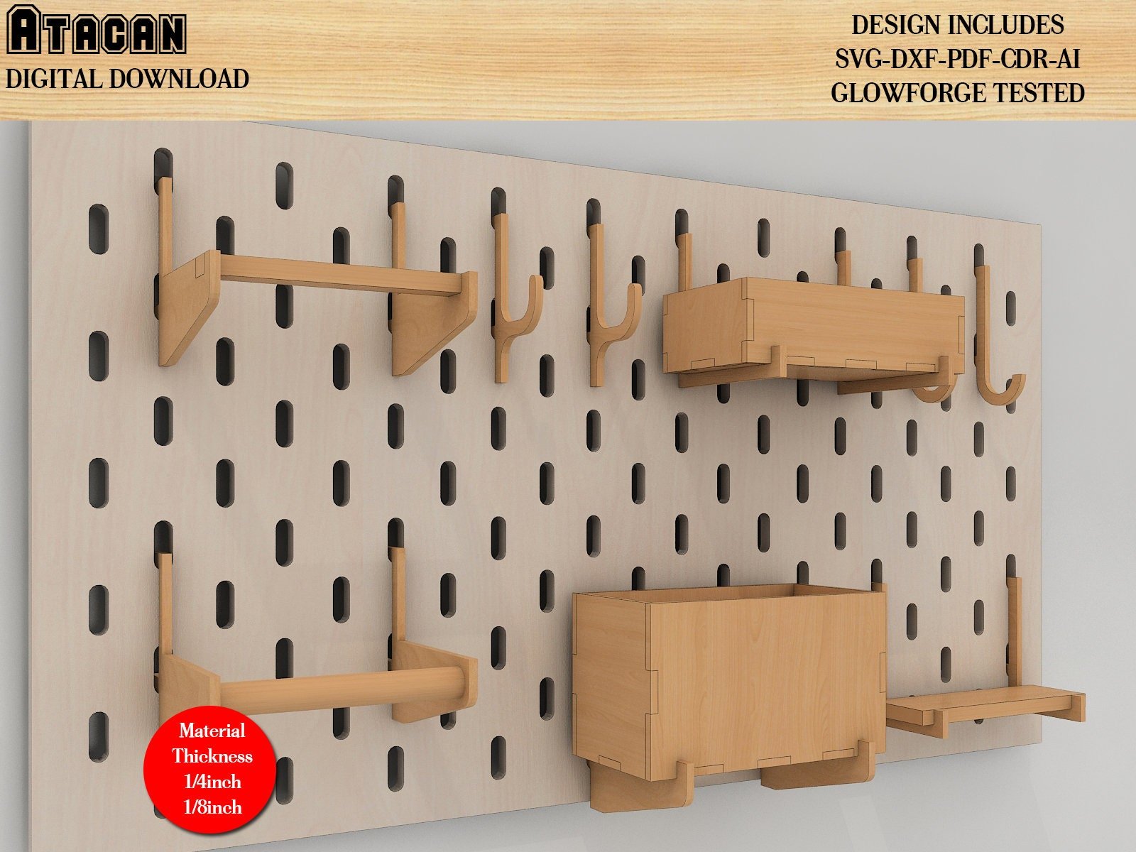 Wall Organiser Pegboard and Accessories Laser cut SVG files - Peg board Hooks, Complete Set