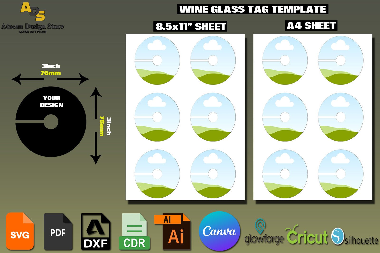 Wine Glass Tag Template / Drag and Drop Canva Editable Design / 8.5x11 and A4 Sheet Sublimation SVG DXF Ai CDR 323