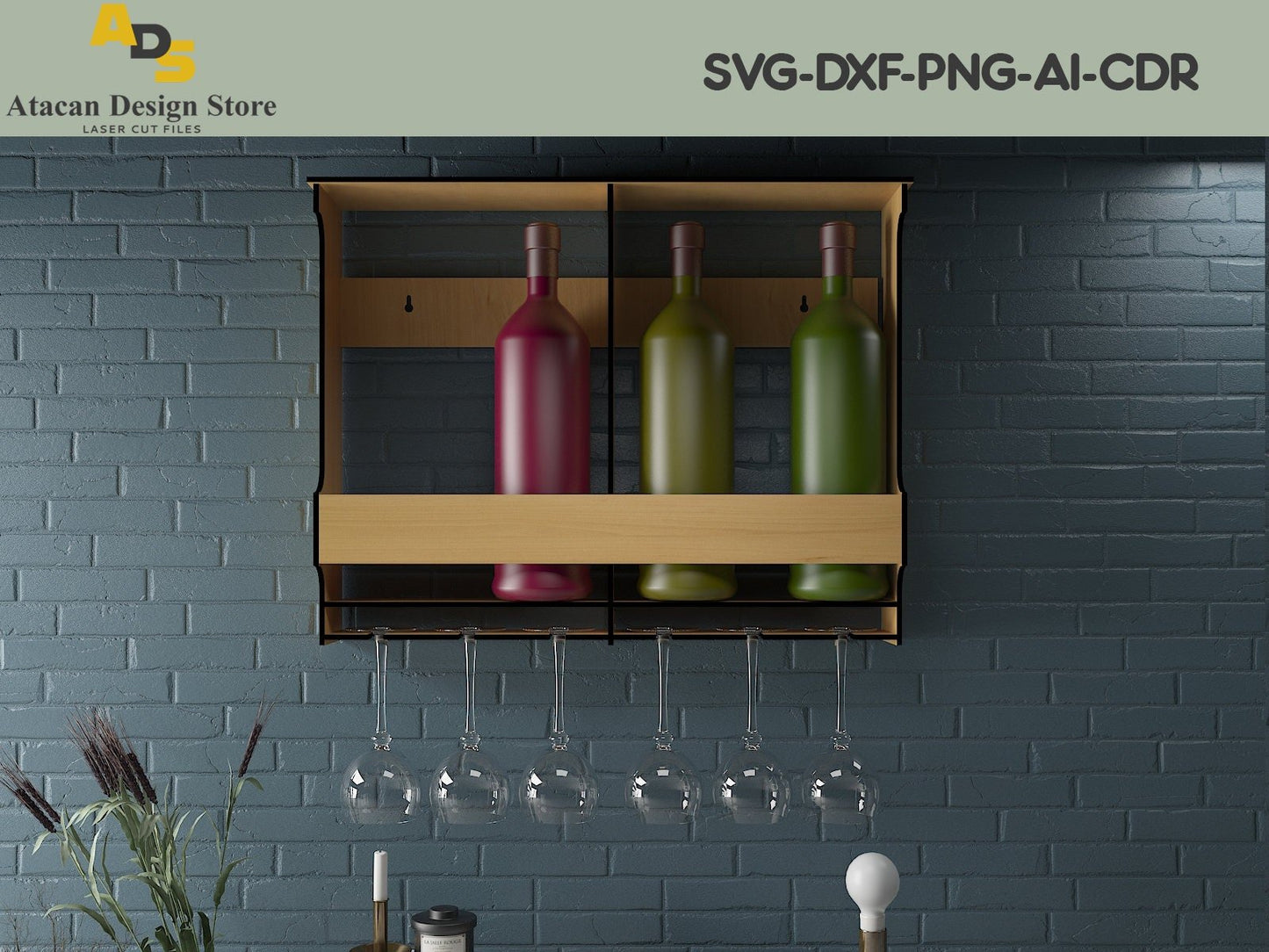 Wine Rack Wall Mounted / Wine Glass Holder and Wood Wine Shelf / Dxf Svg Cdr 250