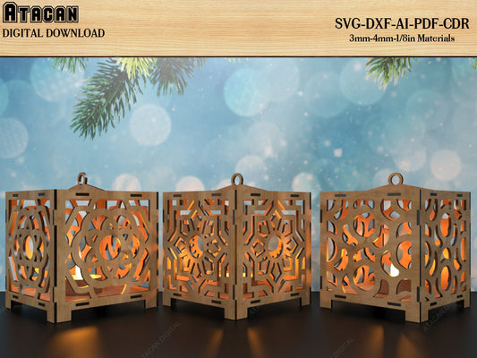 Wood Christmas Tea Light Holders / Night Lamps Laser cut templates / Candle Holder Svg Files / Glowforge Lantern Download SVG DXF Ai CDR 520