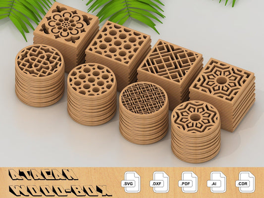 Wood Coaster Design Set / Glowforge Ready / Laser cut Svg Dxf files / Trivet Grill Cutting files 172