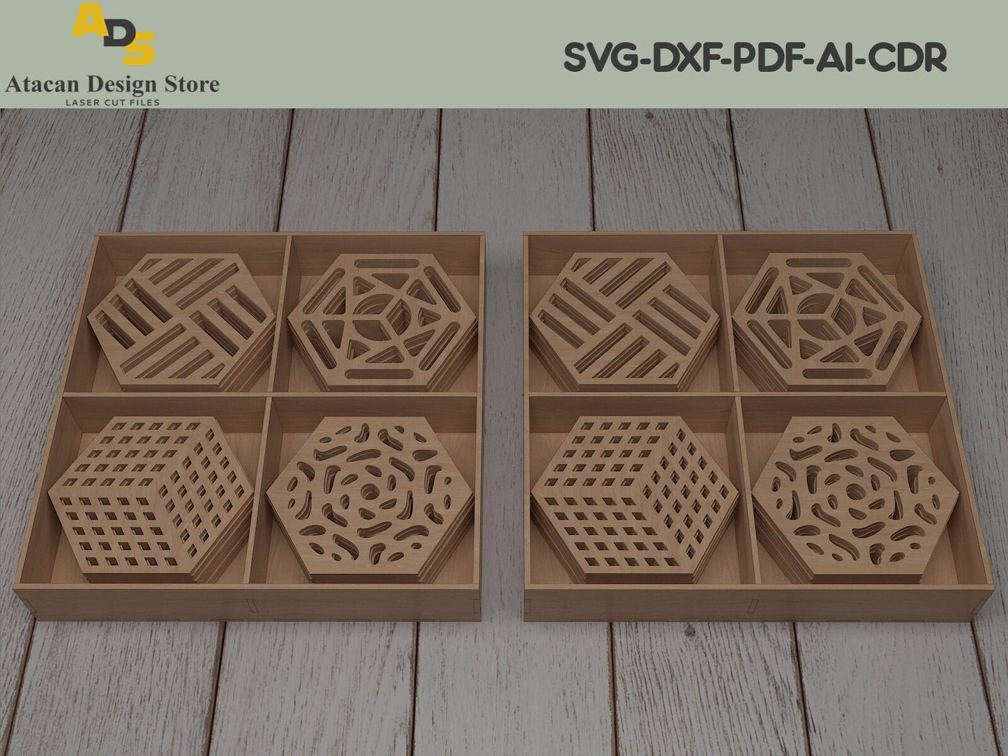 Wood Coasters for Drinks With Holder / Laser Cut Geometric Gift Boxed ADS206