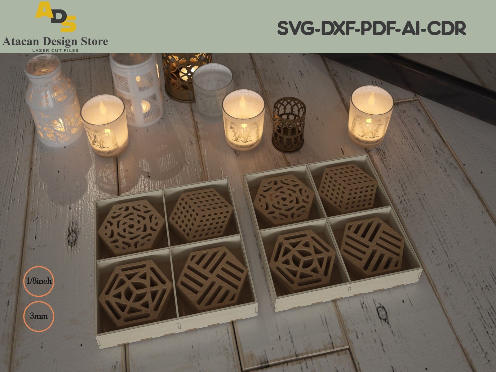 Wood Coasters for Drinks With Holder / Laser Cut Geometric Gift Boxed ADS206