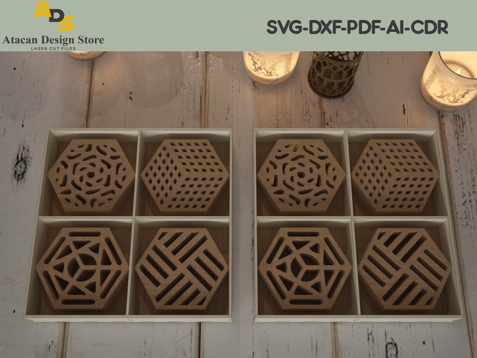 Wood Coasters for Drinks With Holder / Laser Cut Geometric Gift Boxed ADS206