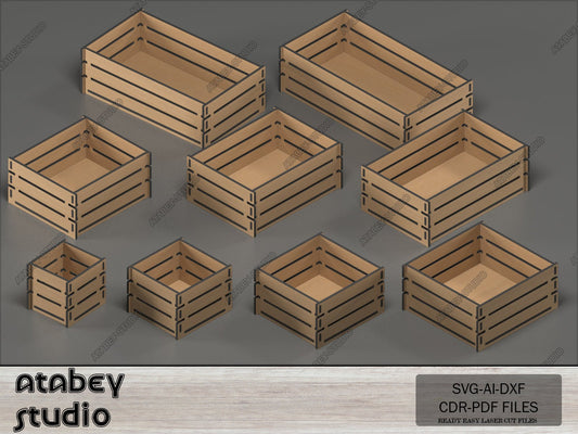 Wood Crate Boxes - Crates Vector Cut Files - Hobby Gift box multiple sizes - DIY Crate Box Set 566