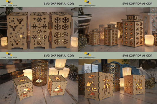 Wood Laser Cut Christmas Lamps / Noel Tealights Box shaped / Xmas Snowflake Patterns 288