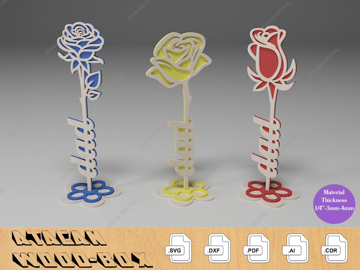 Wood Layer Roses / Laser cut Files for Valentine's day / Rose Mom Dad Love Letters SVG DXF Ai CDR 352