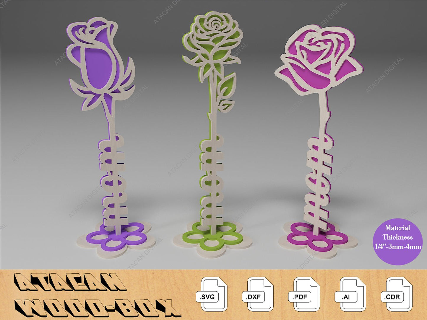 Wood Layer Roses / Laser cut Files for Valentine's day / Rose Mom Dad Love Letters SVG DXF Ai CDR 352