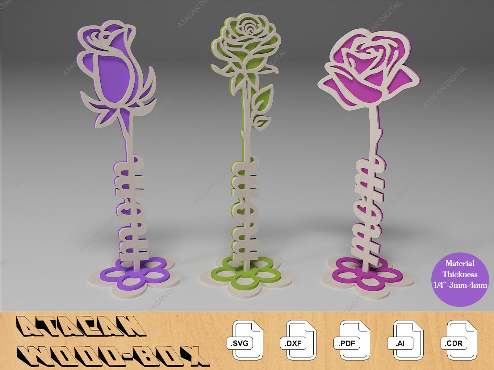 Wood Layer Roses / Laser cut Files for Valentine's day / Rose Mom Dad Love Letters SVG DXF Ai CDR 352