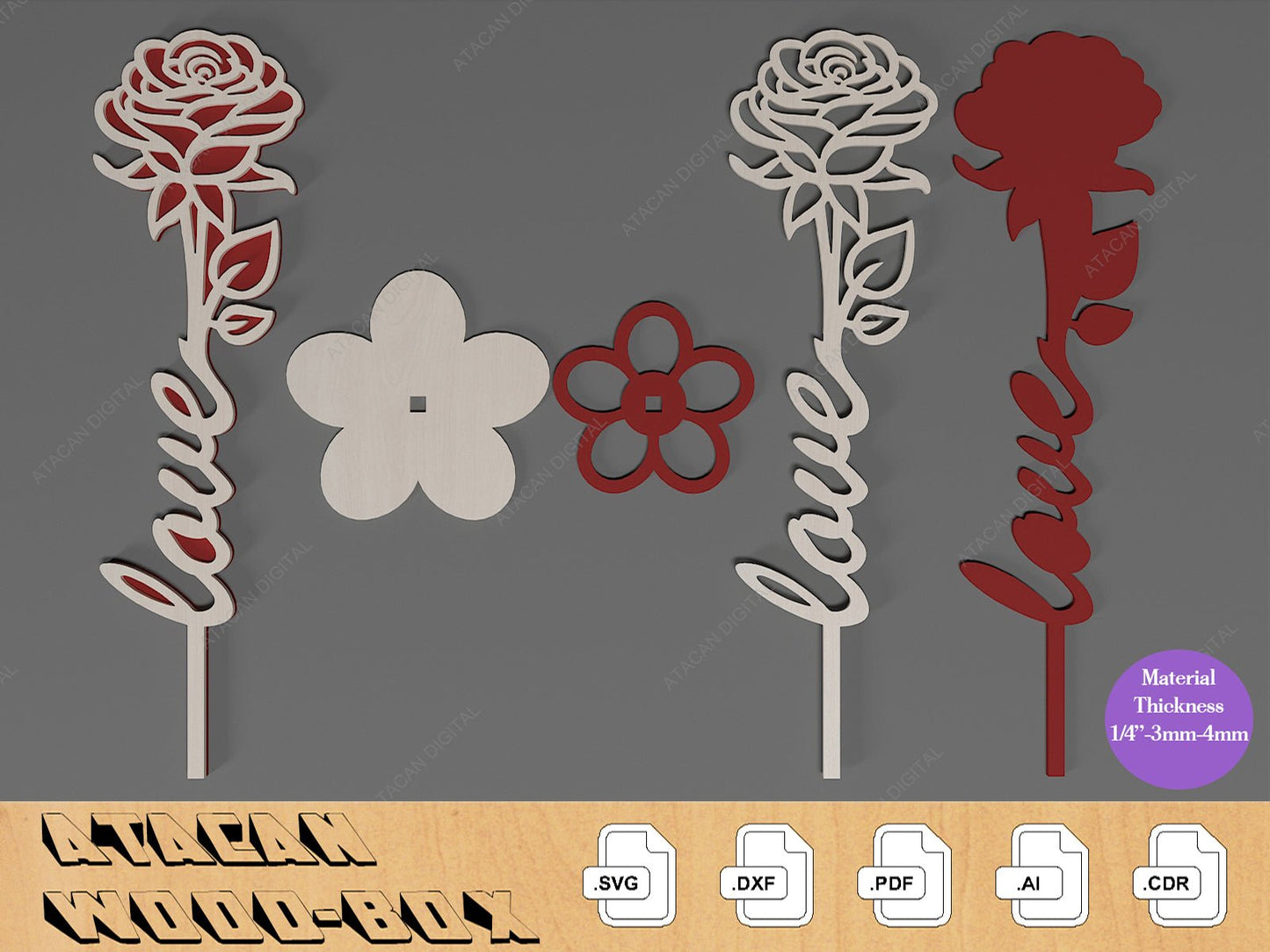 Wood Layer Roses / Laser cut Files for Valentine's day / Rose Mom Dad Love Letters SVG DXF Ai CDR 352