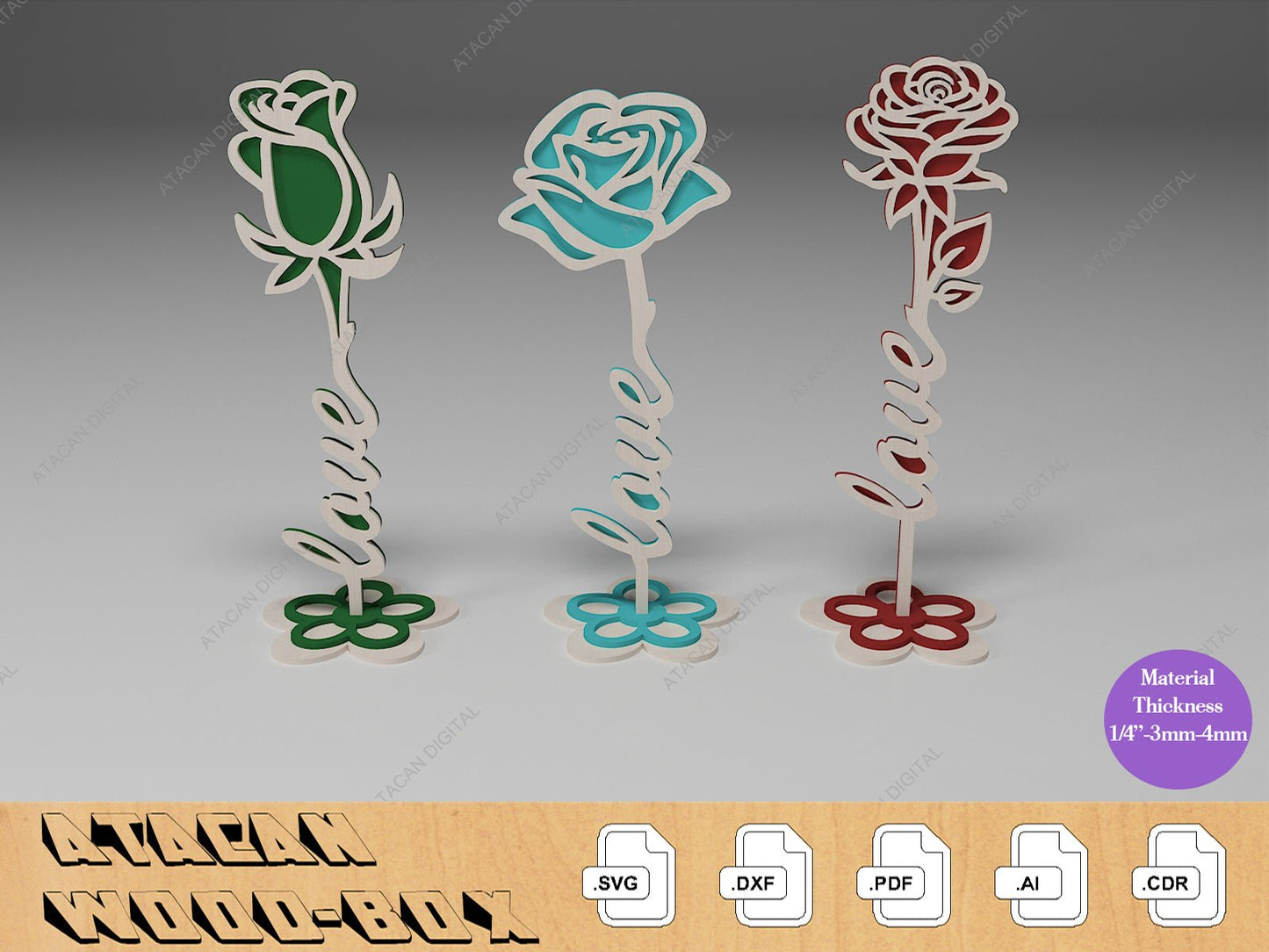 Wood Layer Roses / Laser cut Files for Valentine's day / Rose Mom Dad Love Letters SVG DXF Ai CDR 352