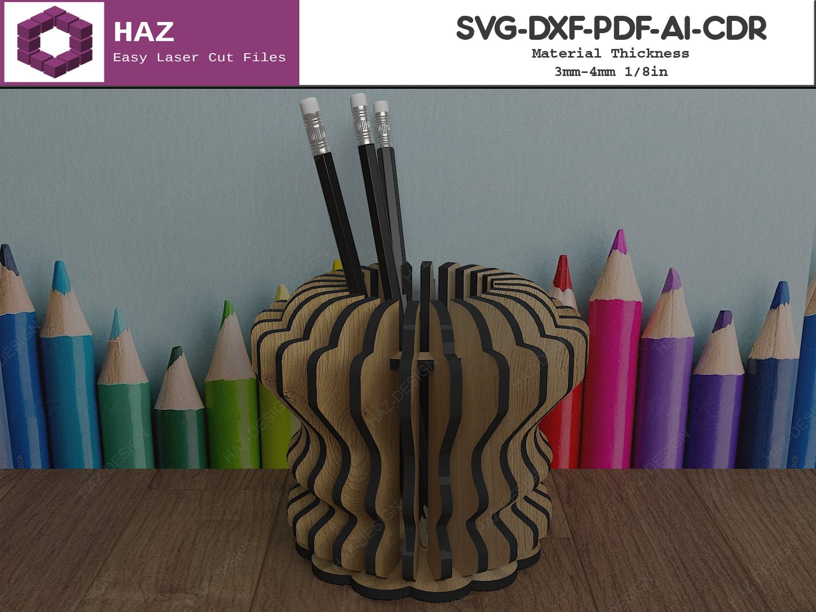 Wood Pencil Holder / Tabletop Pen Display Stand SVG DXF CDR Ai 088