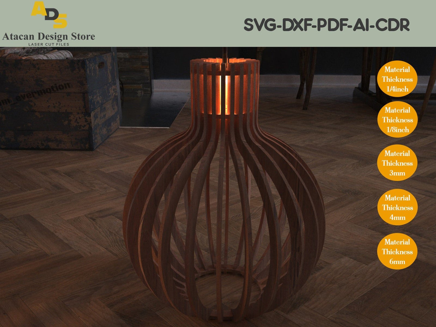 Wood Sphere Pendant Lampshade / Laser Cutting Template Cdr, Ai, Dxf, Pdf, Svg Vector Files ADS180