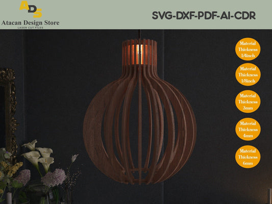 Wood Sphere Pendant Lampshade / Laser Cutting Template Cdr, Ai, Dxf, Pdf, Svg Vector Files ADS180