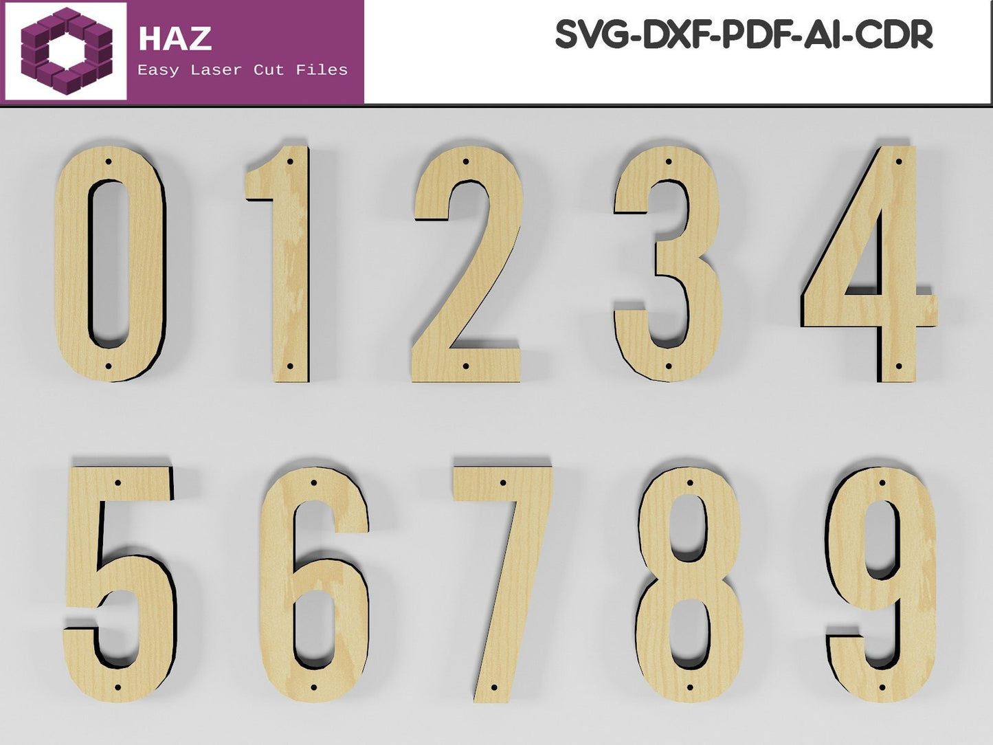 Wooden 0-9 Numbers / Address Number Sign / Wood Cut SVG DXF CDR Ai files 029