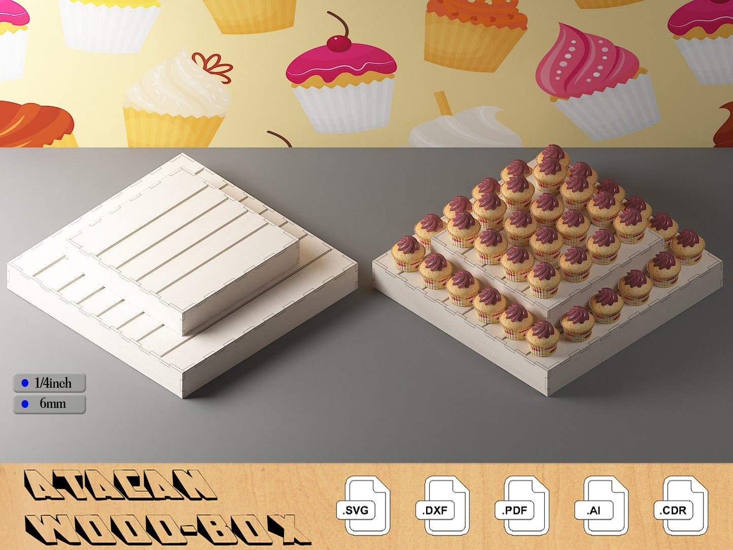 Wooden Cake Display Stand / Cupcake Stand / Tiered Square Cupcake Display / Glowforge Cut Plans SVG DXF CDR Ai 321