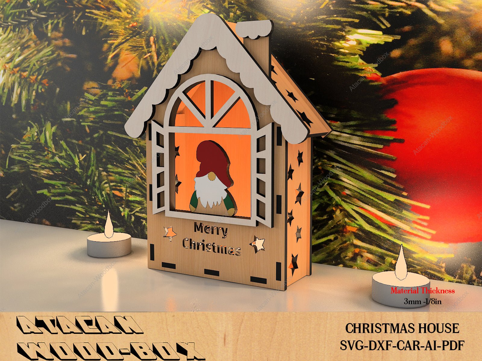 Wooden Christmas House / Cute Xmas House for Tealight / Wood Farmhouse With Santa / Lantern Candle Holder / SVG DXF Ai CDR Files 388