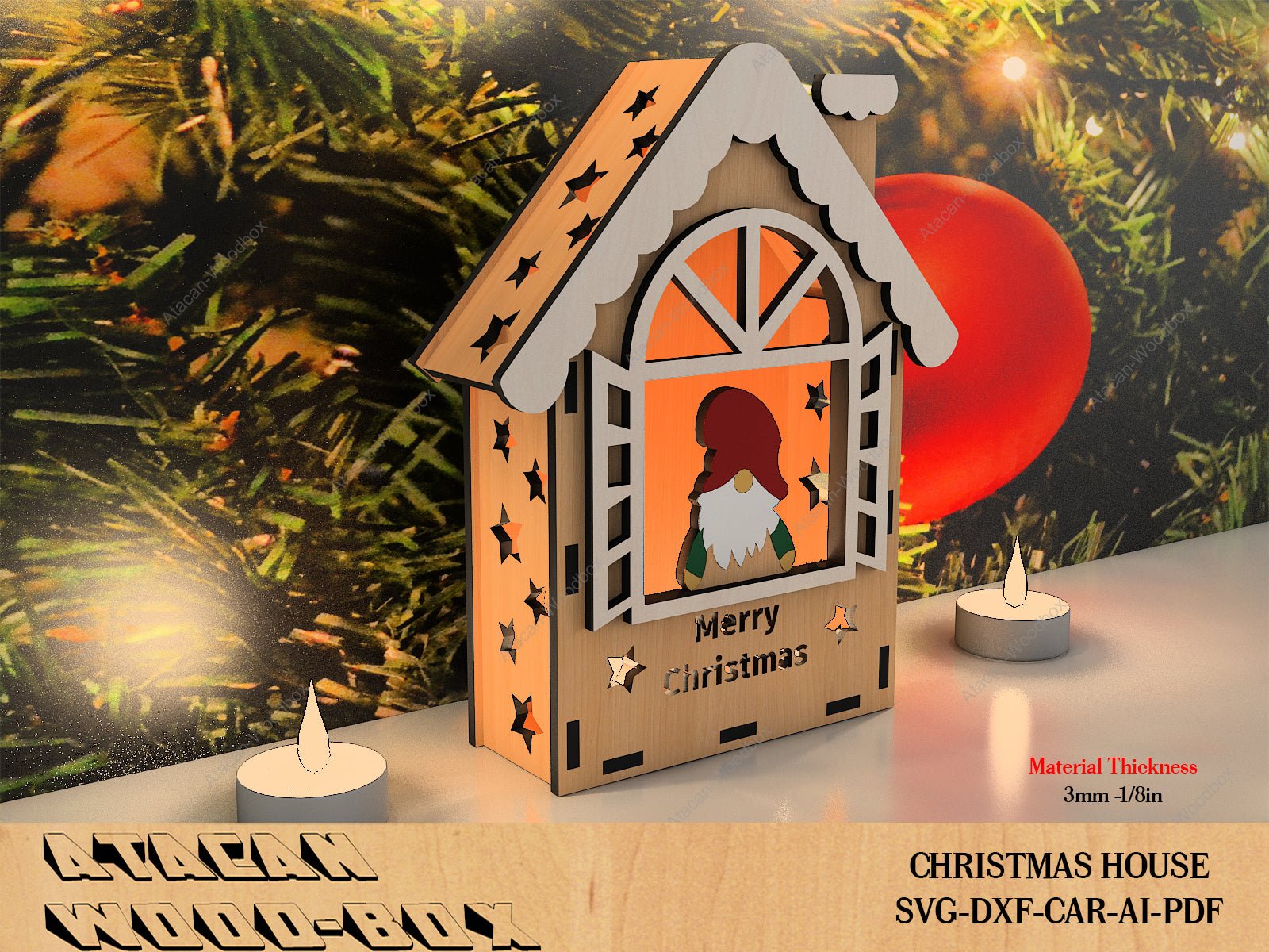 Wooden Christmas House / Cute Xmas House for Tealight / Wood Farmhouse With Santa / Lantern Candle Holder / SVG DXF Ai CDR Files 388