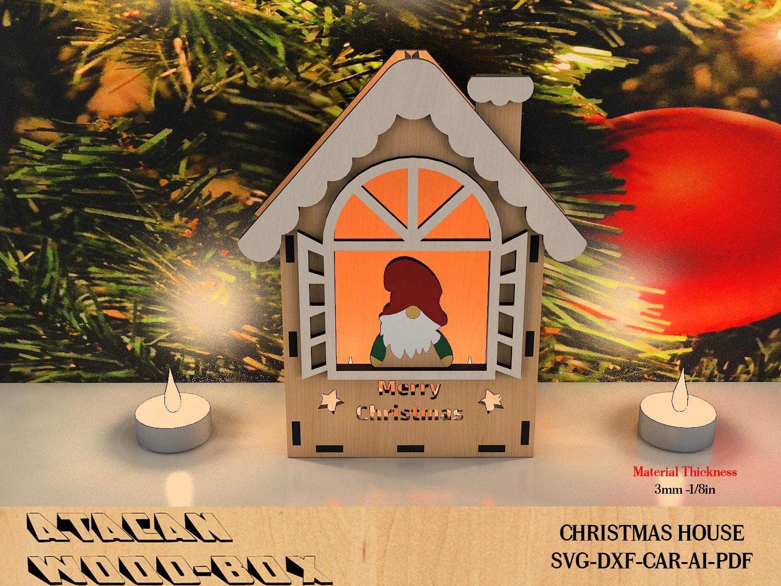 Wooden Christmas House / Cute Xmas House for Tealight / Wood Farmhouse With Santa / Lantern Candle Holder / SVG DXF Ai CDR Files 388