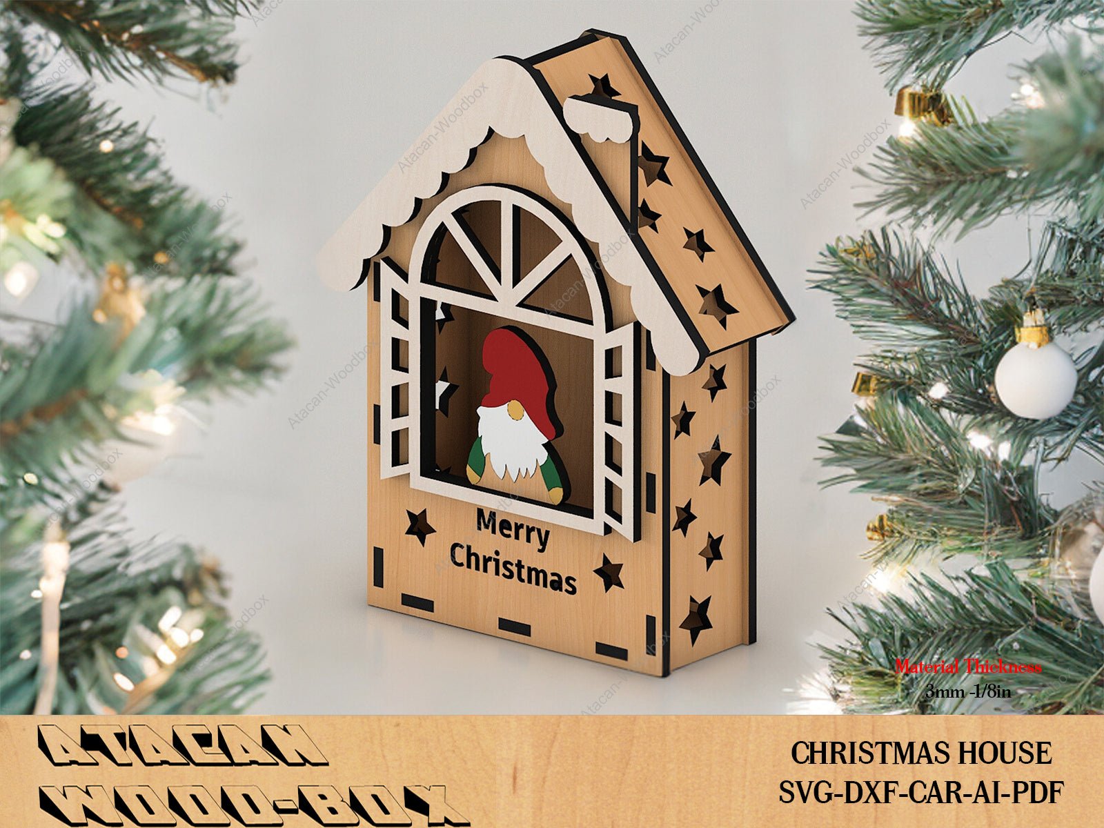 Wooden Christmas House / Cute Xmas House for Tealight / Wood Farmhouse With Santa / Lantern Candle Holder / SVG DXF Ai CDR Files 388