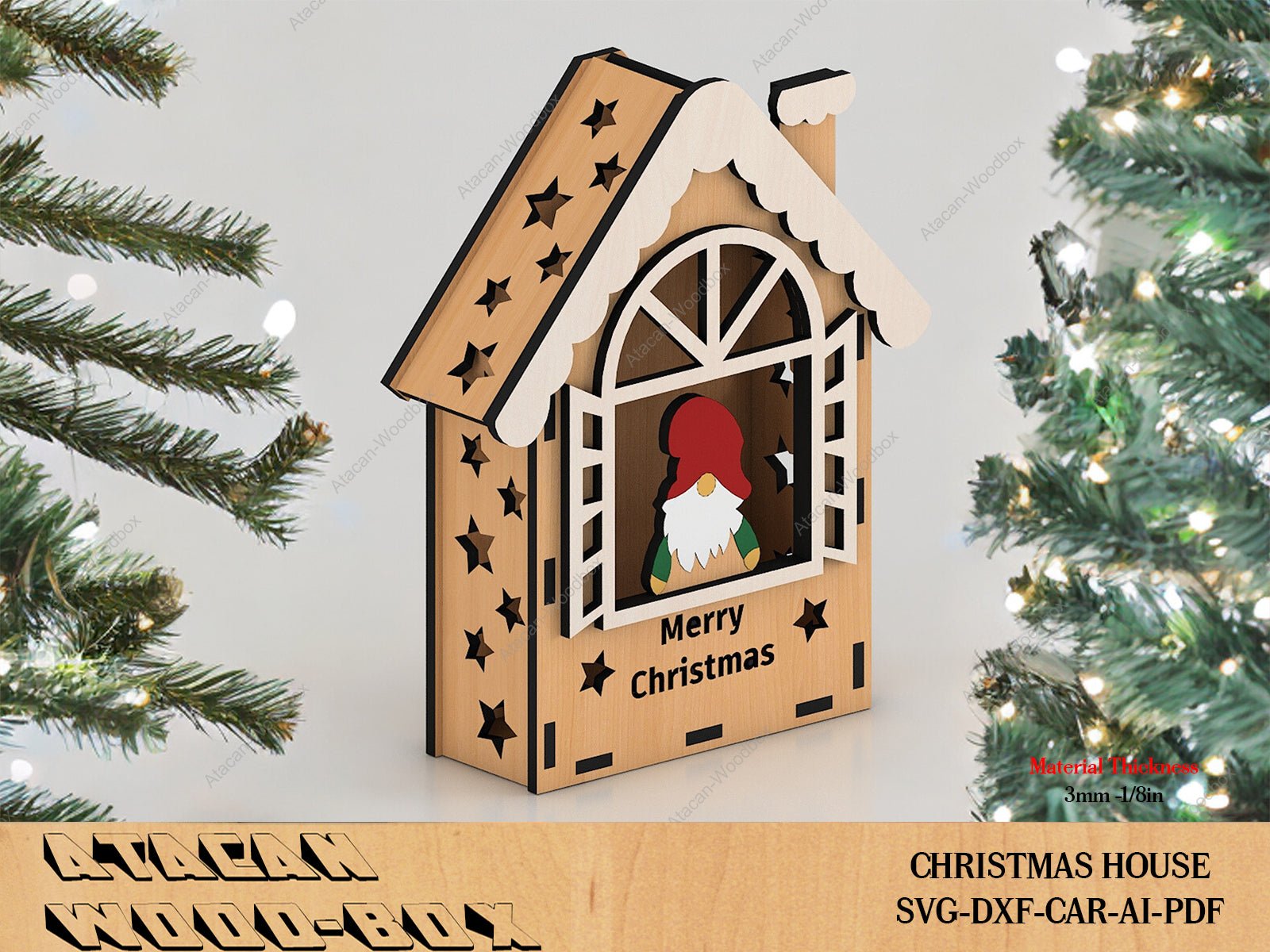 Wooden Christmas House / Cute Xmas House for Tealight / Wood Farmhouse With Santa / Lantern Candle Holder / SVG DXF Ai CDR Files 388