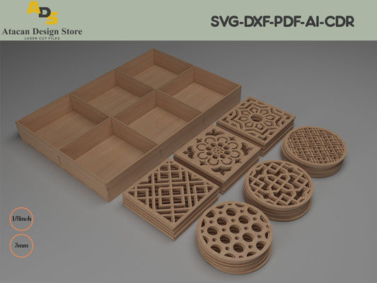 Wooden Coaster Set and Box With Dividers / Box for Coasters / Laser Cut Dxf Glowforge Svg CNC ADS204