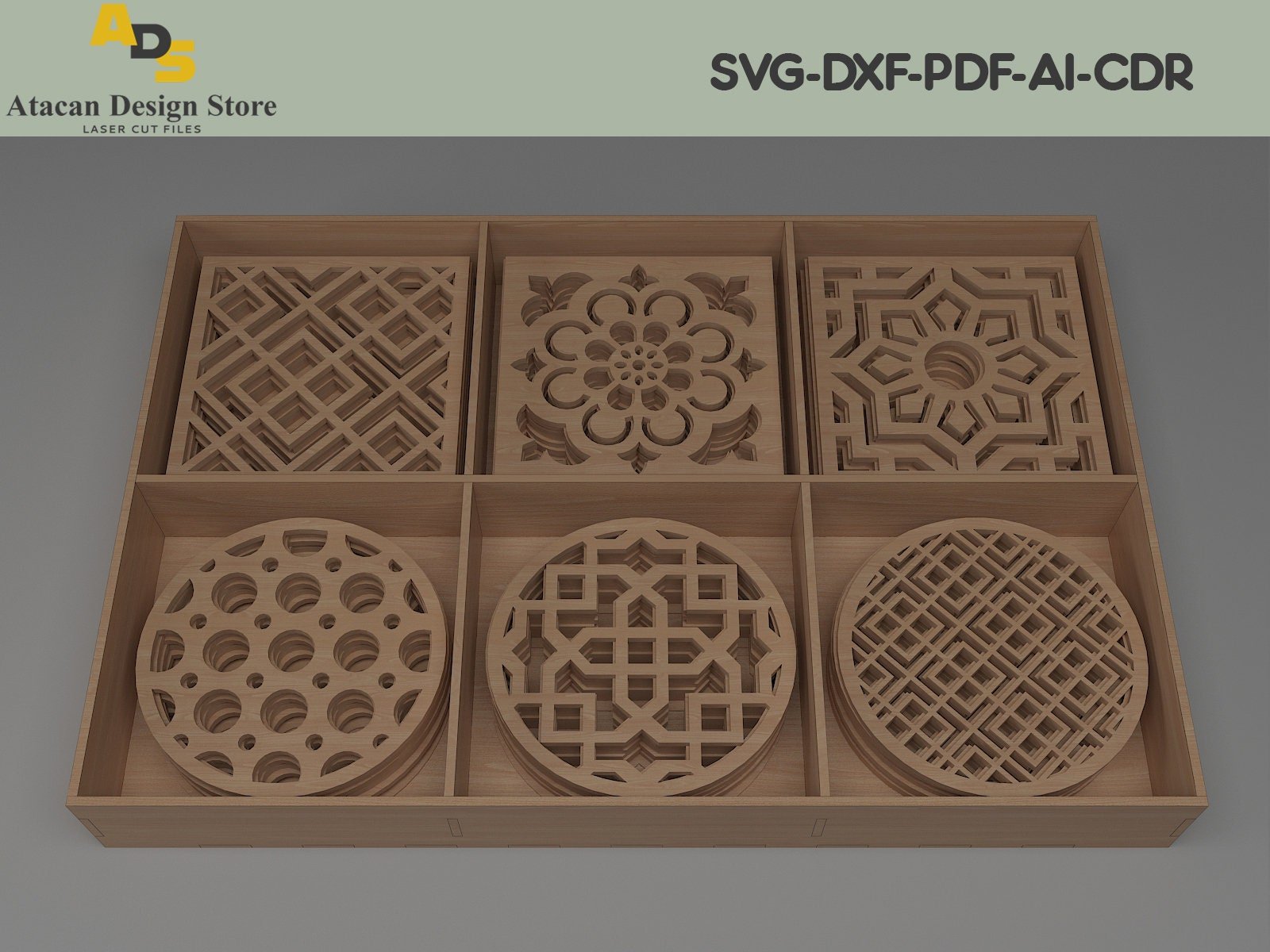 Wooden Coaster Set and Box With Dividers / Box for Coasters / Laser Cut Dxf Glowforge Svg CNC ADS204