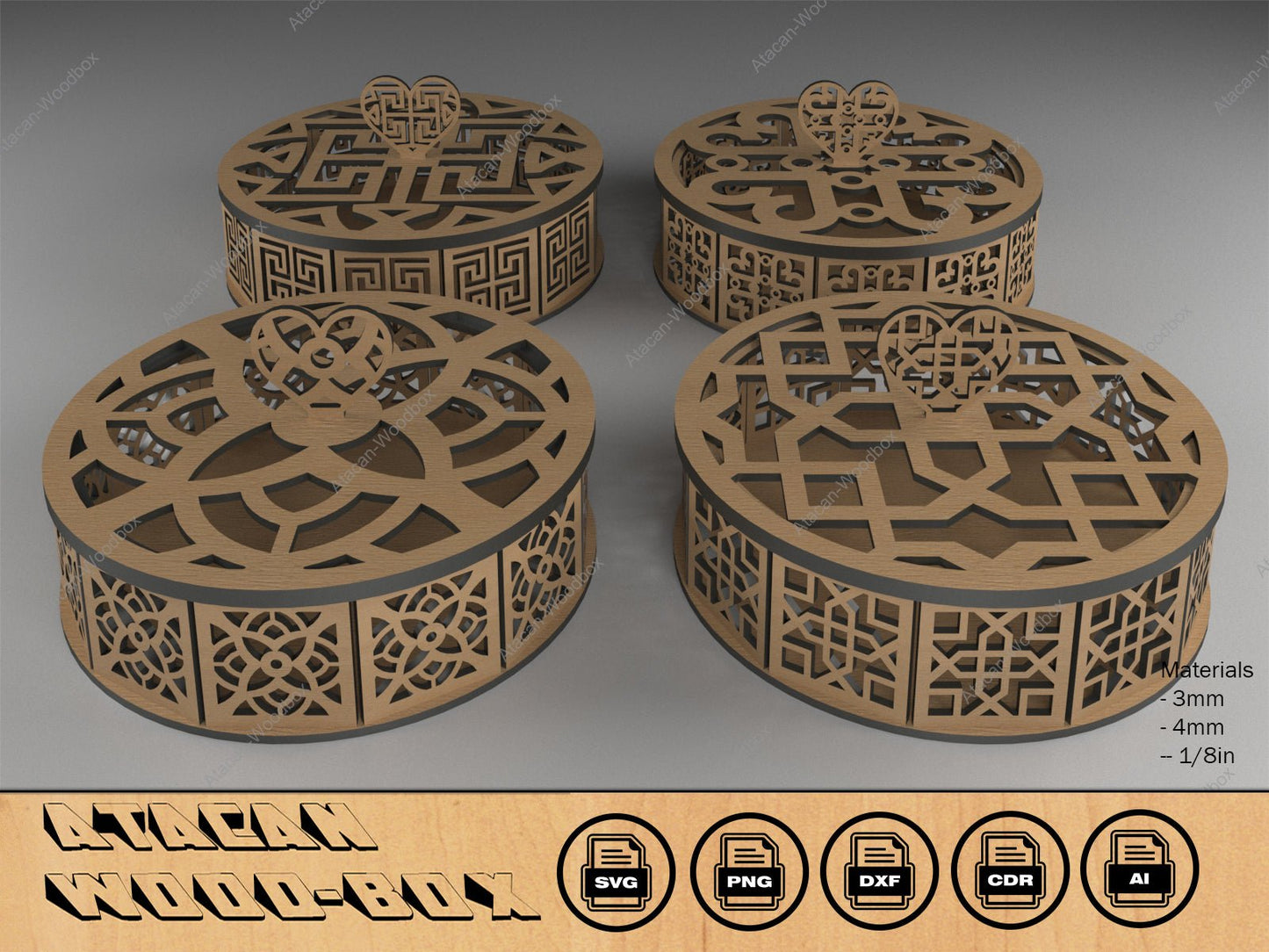 Wooden Decorative Round Boxes / Laser Cut Box Files / Glowforge Wood Vector Cutting Plans SVG DXF Ai CDR 399